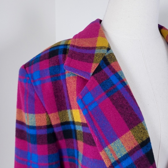 Vintage plaid blazer colourful multi-coloured bright structured shoulder pads - Picture 3 of 14